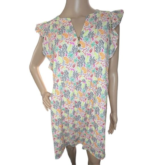 NWT LOFT Bright Jungle Tree Animal Patterned Ruffle Sleeve Mini Dress - Picture 1 of 6